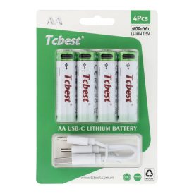   TCBEST, Újratölthető akkumulátor (AA) 1100 mAh, USB A - USB Type C 4-kábel kimenet, 4drb 