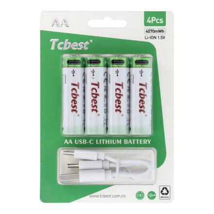 TCBEST, Újratölthető akkumulátor (AA) 1100 mAh, USB A - USB Type C 4-kábel kimenet, 4drb 