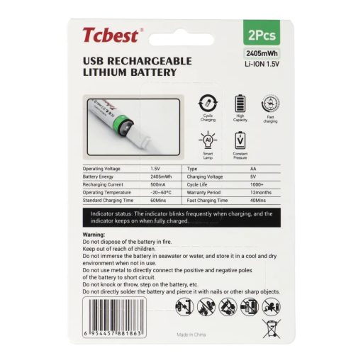 TCBEST, Újratölthető akkumulátor (AA) 1100 mAh, USB A - USB Type C 4-kábel kimenet, 4drb 